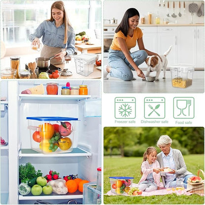 Lallisa 4 Pcs 8 Qt and 4 Qt Clear Food Storage Containers with Lids, Handles and Scales, Commercial Grade Square Containers Polycarbonate Air Tight for Home Storage Kitchen Restaurant (White, Blue)