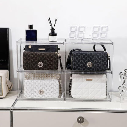 4 Pack Handbags Organizer for Closet, Plastic Small Purses Storage Bins, Stackable Display Stand for Home Kitchen, Bathroom, Bedroom and Office ( Short )