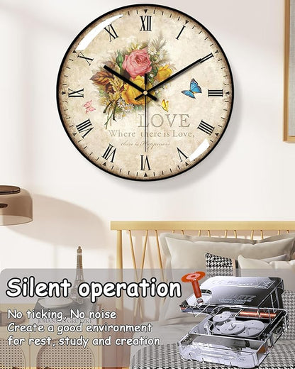 Decorative Wall Clocks Batterys Operated, Retro Wall Clock with Glass Dial, 12-Inch Dial with Roman Numerals, Silent and No Ticking, Suitable for Living Room, Bedroom, Dining Area, Workspace