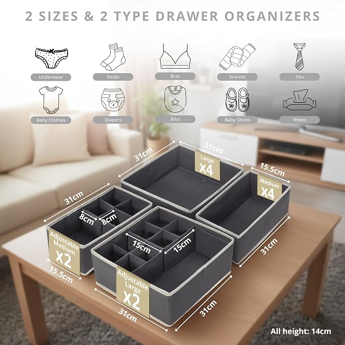 DECOMOMO Adjustable Drawer Organizer Clothes, 12 Pack Fabric Storage Bins, Drawer Dividers, Baby Dresser Organizer for Nursery, Underwear, Bra, Socks (Grey)