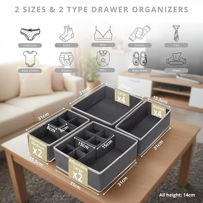 DECOMOMO Adjustable Drawer Organizer Clothes, 12 Pack Fabric Storage Bins, Drawer Dividers, Baby Dresser Organizer for Nursery, Underwear, Bra, Socks (Grey)