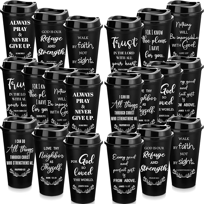 Skylety 20 Pack Christian Gifts for Men Women 16oz Reusable Bible Verse Tumbler Bulk Plastic Coffee Cups with Lids Inspirational Religious Church Gifts for Valentine Easter Birthday (Black)