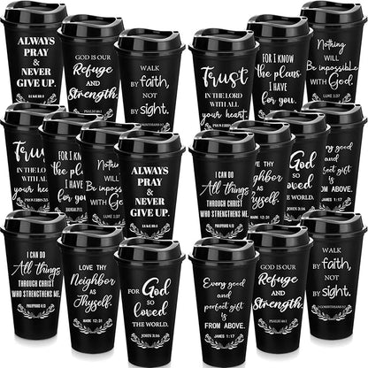 Skylety 20 Pack Christian Gifts for Men Women 16oz Reusable Bible Verse Tumbler Bulk Plastic Coffee Cups with Lids Inspirational Religious Church Gifts for Valentine Easter Birthday (Black)