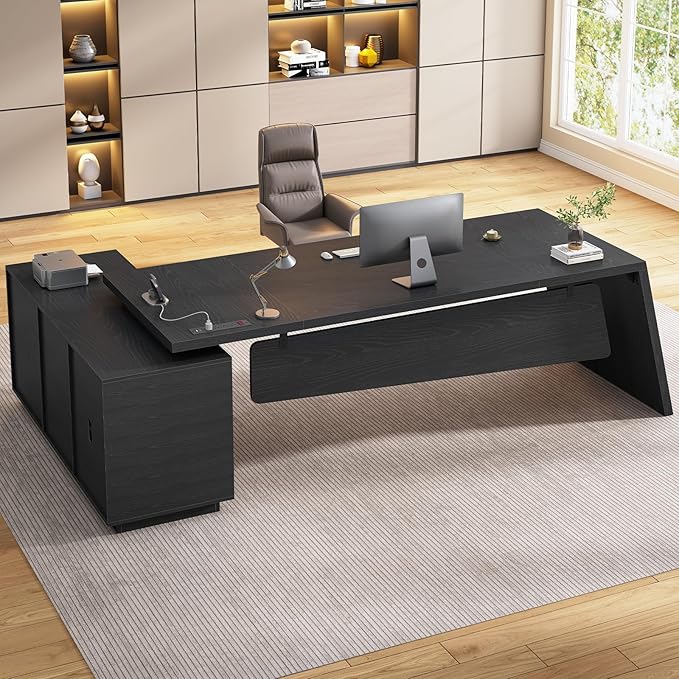 78 inch L Shaped Executive Desk with Power Outlets, Large Home Office Desk with Storage Drawers and File Cabinet, Modern Computer Desk with Shelves, Black Business Furniture