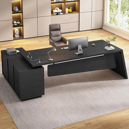 78 inch L Shaped Executive Desk with Power Outlets, Large Home Office Desk with Storage Drawers and File Cabinet, Modern Computer Desk with Shelves, Black Business Furniture