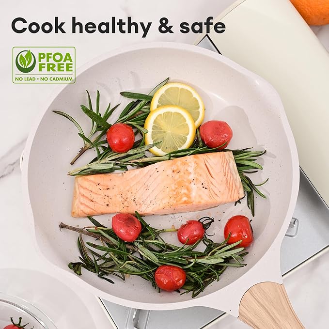 JEETEE 10 Inch Nonstick Frying Pan, Stone Coating Cookware, Nonstick Omelette Pan with Heat-Resistant Handle, Compatible with All Stoves (Beige)