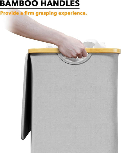 SpaceAid Laundry Hamper with Lid, 110L Large Tall Clothes Basket Bin with Bamboo Handles, Collapsible Laundry Hamper for Bedroom, Bathroom, Dorm, Laundry Room - Light Grey