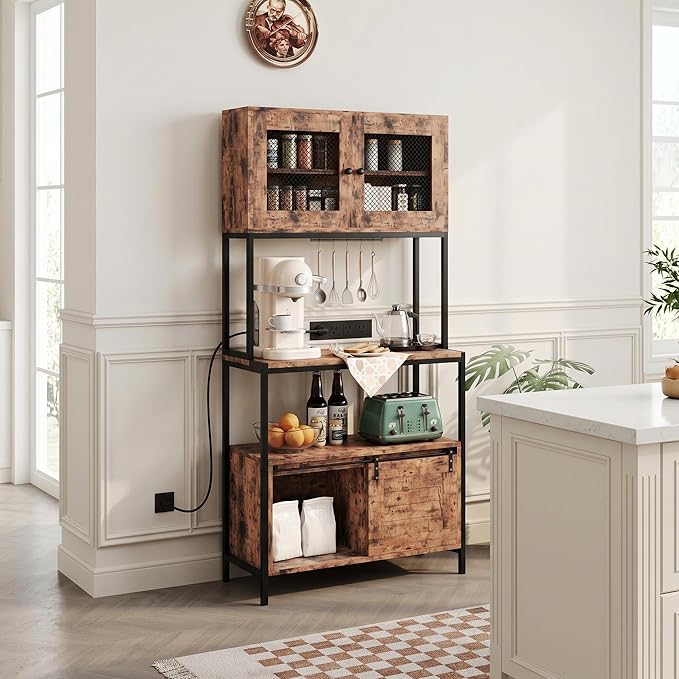 GarveeHome 5-Tier Bakers Rack with Charging Station and Storage, Kitchen 63" Industrial Microwave Stand Freestanding Utility Shelves Shelf for Dining Room Living Room Apartments – Vintage Brown