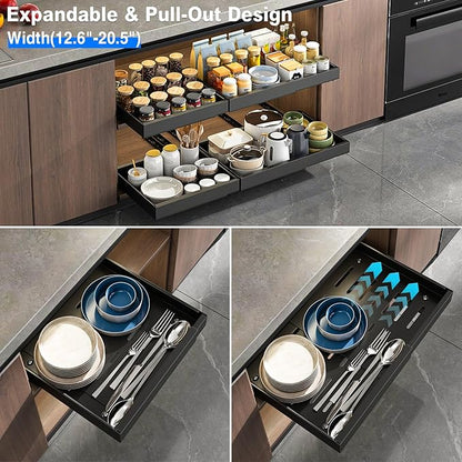Mustorn 2 Pack Pull Out Cabinet Organizer, Expandable Slide Out Drawers for Kitchen Cabinets Peel and Stick Pullout Drawer Heavy Duty Sliding Shelves for Cupboard, Pantry, Bathroom(16.5" Deep, Black)