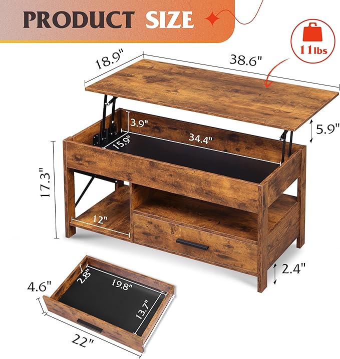WLIVE Coffee Table, 39" Lift Top Coffee Table with Storage Drawers and Hidden Compartment for Living Room, Retro Central Table with Wooden Lift Tabletop Reception Room, Rustic Brown