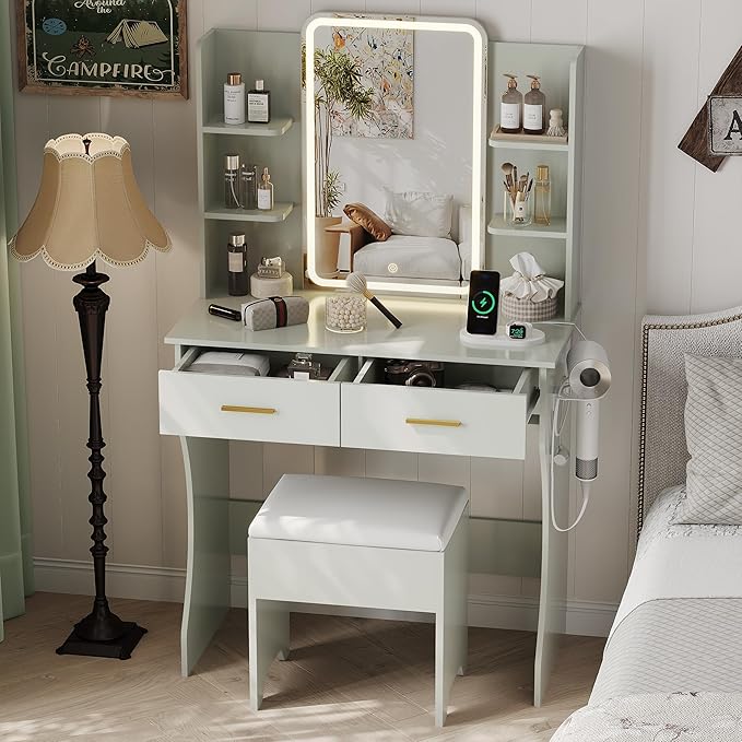 Small Vanity Desk with Mirror and Lights, Makeup Vanity with LED Lights, Green Vanity Mirror with Lighted Desk and Chair, 3 Lighting Adjustable Compact Dressing Table with Mirror for Women, Girls