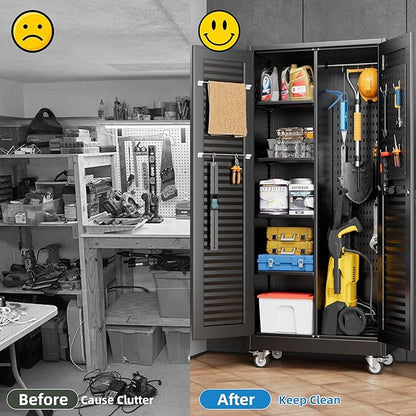 Metal Broom Closet Storage Cabinet with Hanging Rod, Garage Storage Cabinet with Wheels and 4 Shelves, Pegboard and 13 Hooks for Garage Home, Black, Assembly Required