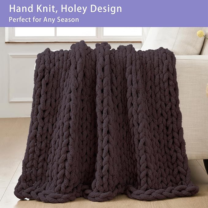 Bigacogo Chunky Knit Throw Blanket for Couch, 40x40 inches, 100% Hand Knitted with Thick Jumbo Chenille Yarn, Cozy Soft Large Rope Knot Cable Crochet Blankets for Sofa Bed Living Room, Chocolate