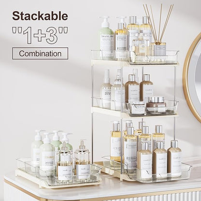 Delamu 2-Tier Multi-Purpose Bathroom Under Sink Organizers and Storage, Stackable Kitchen Pantry Organization, Pull Out Medicine Cabinet Organizer with Movable Dividers, Beige, 4 Pack