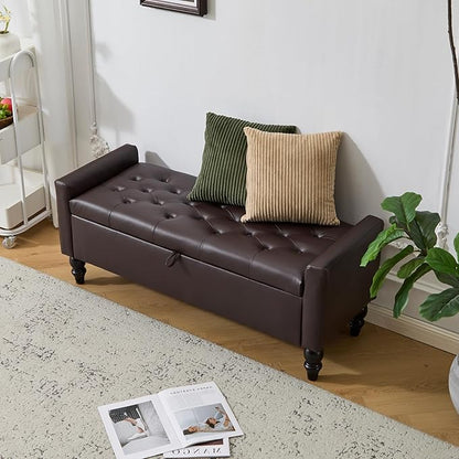 47" Storage Ottoman Bench, Faux Leather Upholstered Ottoman with Storage, End of Bed Bench for Bedroom, Living Room, Entryway, Window (Brown)