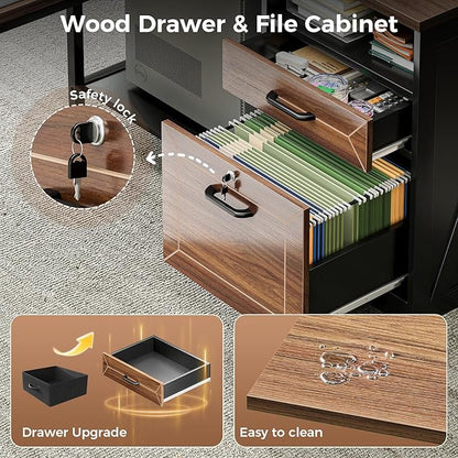 AODK L Shaped Desk with Wooden Drawers & Locking File Cabinet, 61 Inch Large Executive Desk with Power Outlet, Led Computer Desk with Storage, Corner Office desk with Monitor Stand & CPU Stand, Walnut