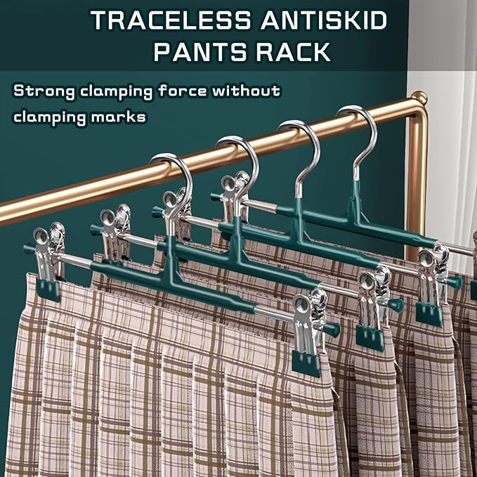 Pants Hangers with Clips 10 Pack Adjustable Skirt Hangers for Women Non-Slip Trousers Hanger for Jeans Shorts Clothes Hanger for Pants Heavy Duty Space Saving,Green,12Inch