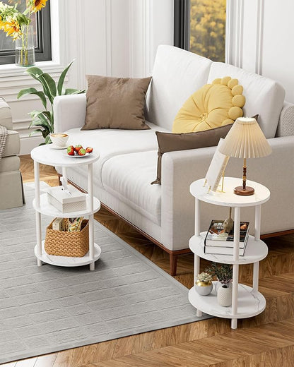 Small Round Side Table - 3-Tier Oval Accent Table for Small Spaces, Rustic Wood and Metal Couch End Table, Nightstand for Bedroom or End Table Living Room, Easy to Assemble, Marble White