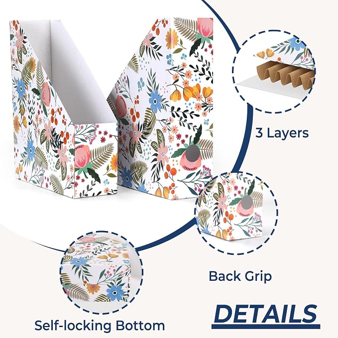 EXYGLO 12 Pack Magazine File Holder, Cardboard Magazine Rack with Label, Foldable Storage Organizer Box for Book, Documents, Floral Design, 9.9x3.3x12 Inches