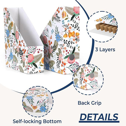 EXYGLO 12 Pack Magazine File Holder, Cardboard Magazine Rack with Label, Foldable Storage Organizer Box for Book, Documents, Floral Design, 9.9x3.3x12 Inches