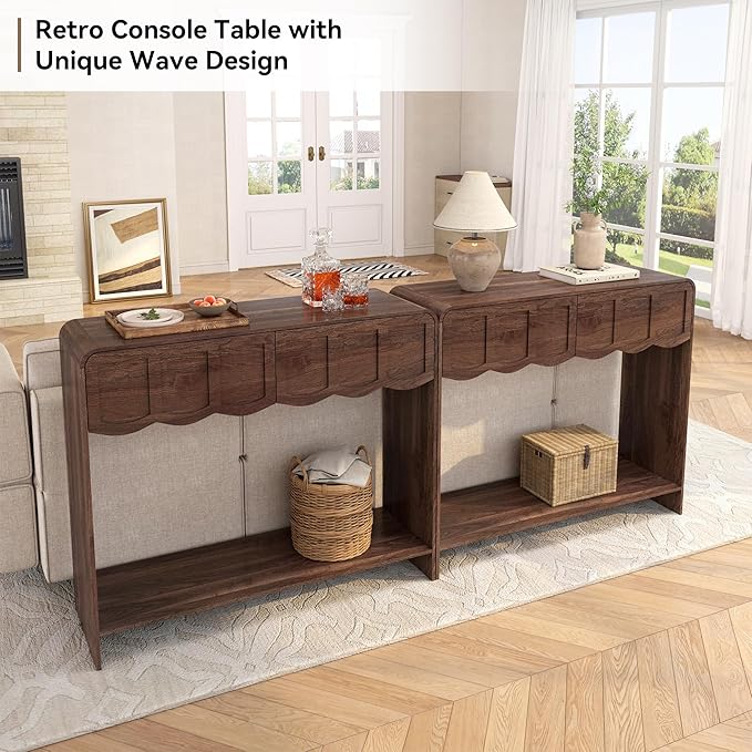 Console Table with 2 Drawers, Mid-Century Modern 42" Entryway Table with Open Storage Shelves, Sofa Table Behind Couch for Living Room, Hallway, Walnut