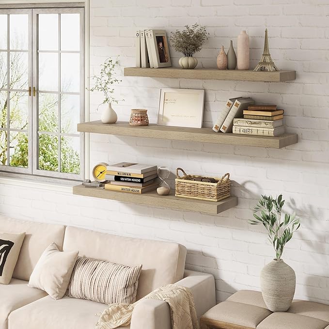 Marsmiles Floating Shelves | 36 Inch Grey Wood Wall Shelves Set of 2 | 9.3 Inch Deep Rustic Reclaimed Wood Shelves for Room Wall | Farmhouse Floating Shelves for Living Room Bathroom