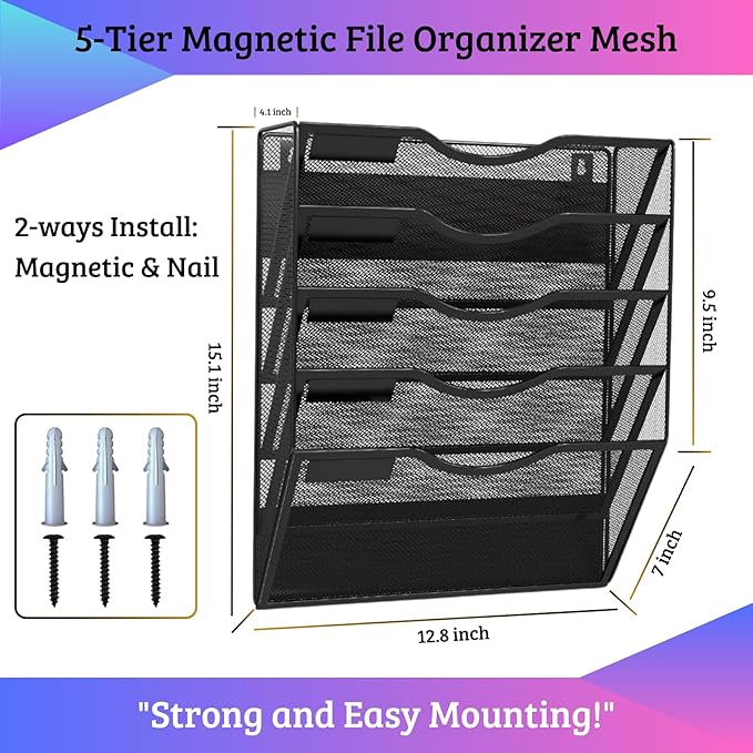 Magnetic 5 Pocket Wall File Organizer, Mesh Hanging Wall Mounted Document Paper Filing Magazine Rack with Nametag Label for Office Home School, 5 Tier Black