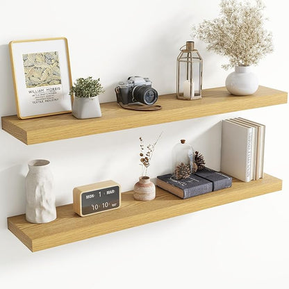 48 Inch Floating Shelves for Wall, 8 Inch Deep Floating Shelf for Storage & Display, Rustic Wall Mounted Shelf with Invisible Brackets for Living Room, Kitchen, Bathroom, Home Decor, Set of 2, Oak