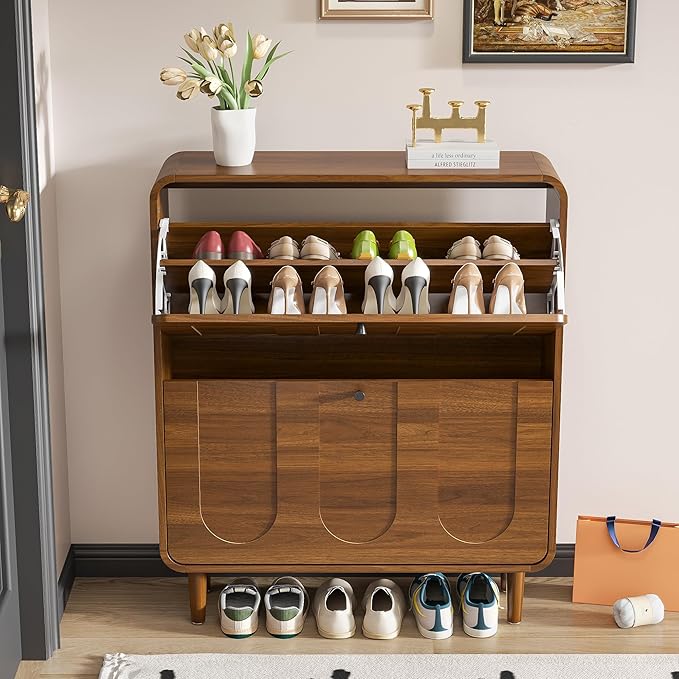 Narrow Shoe Storage Cabinet for Entryway with 2 Flip Drawers, Curved Shoe Cabinet with Arched Stripe Panel, Freestanding Hidden Shoe Organizer Closed for Foyer, Hallway (Walnut, 31.5 inches)