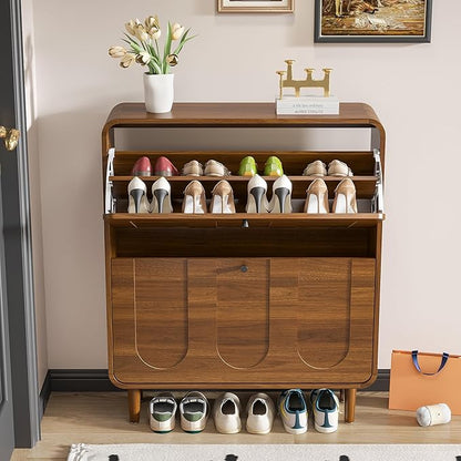 Narrow Shoe Storage Cabinet for Entryway with 2 Flip Drawers, Curved Shoe Cabinet with Arched Stripe Panel, Freestanding Hidden Shoe Organizer Closed for Foyer, Hallway (Walnut, 31.5 inches)