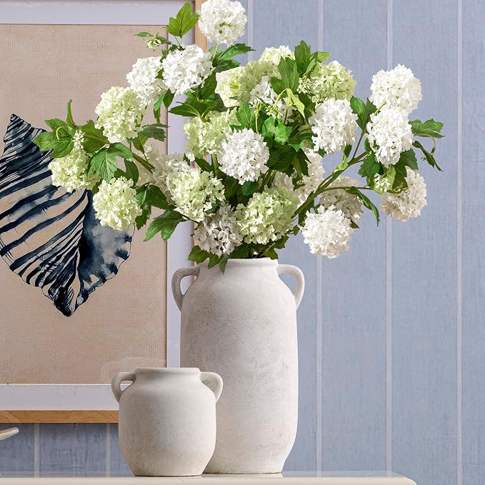 Ceramic Flower Vase Home Decor - Farmhouse Rustic White Table Vases with Handle Living Room Decoration Decorative Vintage Pottery for Kitchen Shelf Coffee Dining Desk Bookshelf Fireplace (6" Rustic)