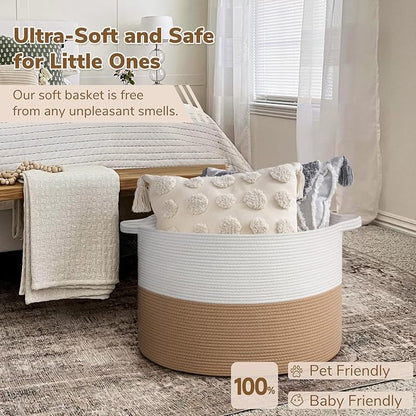 INDRESSME 115L Extra Large Jute Rope Basket, Blanket Basket Home Decor Baby Laundry Baskets for Toys Storage Bedroom, Living Room, Nursery, Boho Hamper for Colthes Towel, White & Camel