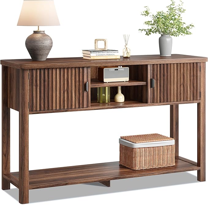 Console Table Fluted with 8 Storage Shelves & 2 Doors, Modern Sofa Table Behind Couch with Open Storage Shelf, Entry Table for Hallways,Entryway, Living Room,Wooden, Walnut Brown