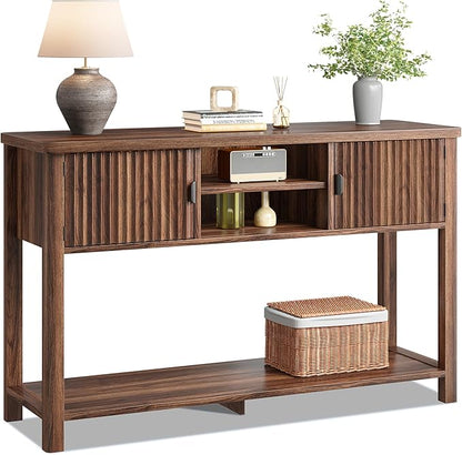 Console Table Fluted with 8 Storage Shelves & 2 Doors, Modern Sofa Table Behind Couch with Open Storage Shelf, Entry Table for Hallways,Entryway, Living Room,Wooden, Walnut Brown