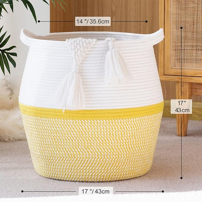 KAKAMAY Woven Baskets for Storage(17"x17"),Large Cotton Rope Woven Baby Laundry Hamper,Collapsible Laundry Basket, Blanket Basket for Organizing Living Room,Nursery,Pillows,Toy Chest(Yellow)