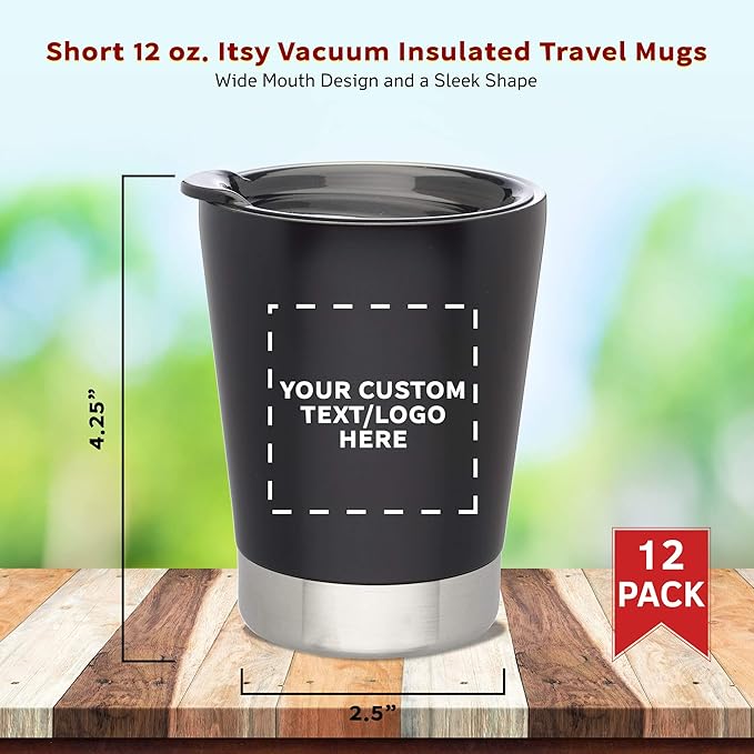 Personalized 12 oz. Itsy Vacuum Insulated Travel Mugs - 12 Pack - Custom Text, Logo - Black