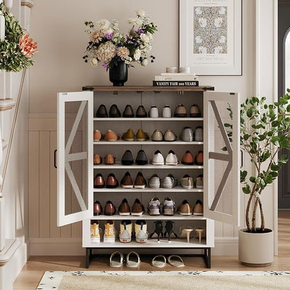 Maupvit 42.1" Farmhouse Shoe Cabinet with Ventilated Mesh Doors, 6-Tier Shoe Storage Cabinet with Adjustable Shelves & Metal Legs, Rustic Wooden Shoe Rack Organizer for Entryway, Hallway, Foyer, White