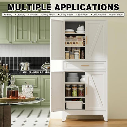 COFaR 71" Tall Kitchen Pantry, Farmhouse Storage Cabinet with Doors and Shelves, Metal Cabinet with Drawers and Legs, for Cupboard/Dining Room/Bathroom/Living Room/Office/Laundry Room (White).