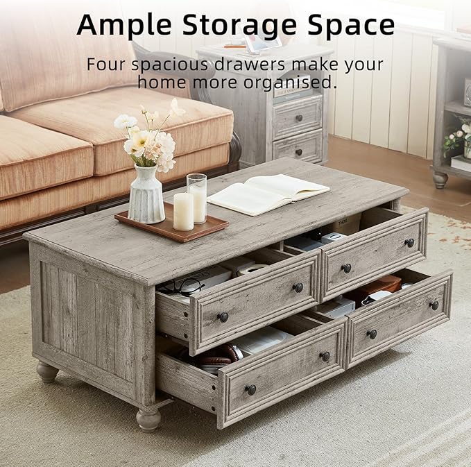 48" Farmhouse Coffee Table with Hidden Storage,Wooden Coffee Tables with 4 Drawers & Roman Column Handle,Rectangular Rustic Center Table with Solid Wood Curved Legs for Living Room,Office,Grey