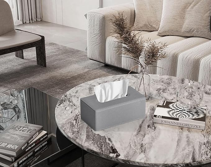 GOLRANLYE Tissue Box Cover Rectangular 9.8"(L) x 5.3"(W) x 4.3"(H) Refined Modern PU Leather Facial Tissue Dispenser Box Holder for Dresser Bathroom Decorative (Linen Grey)