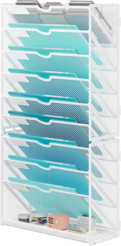 Lavatino 10-Tier Hanging Wall File Folders Organizer - White Metal Mesh Paper Magazine Document Mail Holder File Organizer for Office School Home Wall Mount or Desk Supplies Organization
