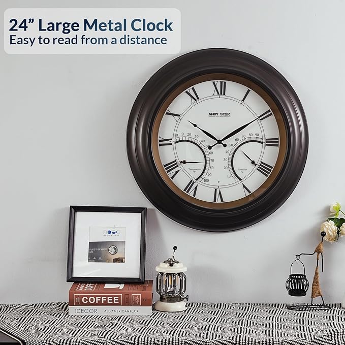 ANDY STAR 24 Inch Outdoor Clocks Waterproof,Large Outdoor Wall Clocks for Patio with Thermometer, Weatherproof Illuminated Clock Battery Operated with Thermometer&Hygrometer,Oil Rubbed Bronze Black