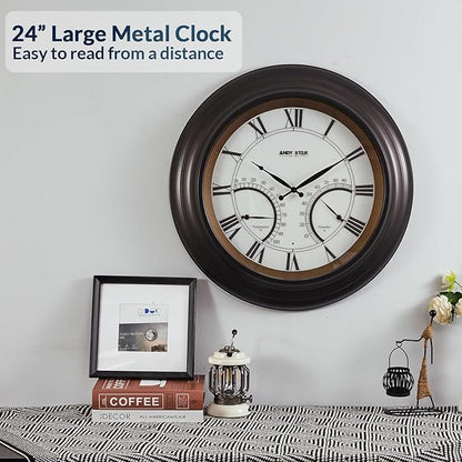 ANDY STAR 24 Inch Outdoor Clocks Waterproof,Large Outdoor Wall Clocks for Patio with Thermometer, Weatherproof Illuminated Clock Battery Operated with Thermometer&Hygrometer,Oil Rubbed Bronze Black