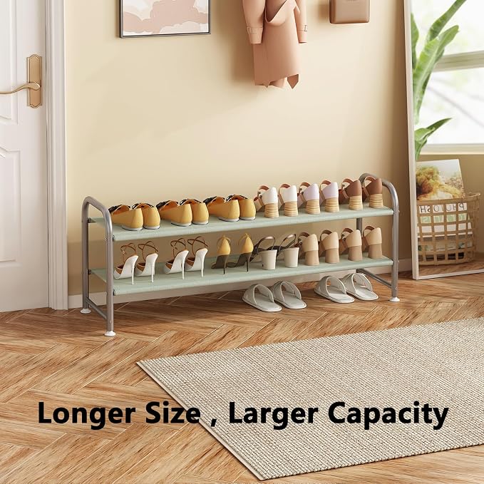 INGIORDAR Shoe Rack 2 Tier Long Storage Organizer Wide Metal Shoe Shelf for Closet Entryway Grey