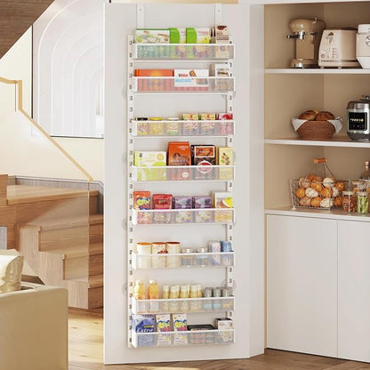 Over the Door Pantry Organizer, 8-Tier Over the Door Spice Rack with Adjustable Baskets, Wall-Mounted or Hanging Shelves for Kitchen, Laundry Room, Bathroom(White, 15.35"W x 5.2"D x 72.6"H)