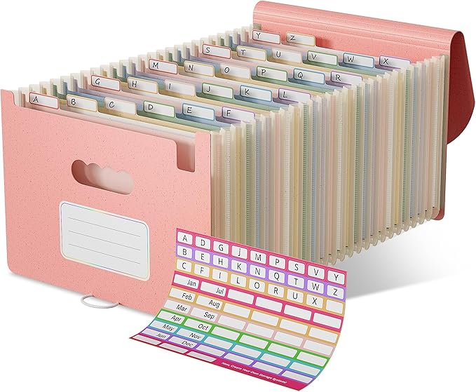 Wheat Straw Accordion File Organizer, 26 Pockets Expanding File Folder, Monthly Bill Receipt Organizer with A-Z Tabs, BPA Free, Letter/A4 - Strawberry Pink