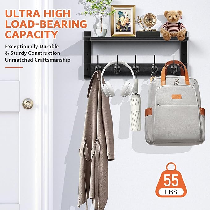 Wall Hooks with Shelf, Coat Rack Wall Mount, Entryway Hanging Shelf for Clothes Backpack Key Purse, Shelf with Hooks Hanging in Living Room, Bathroom, Bedroom, Kitchen