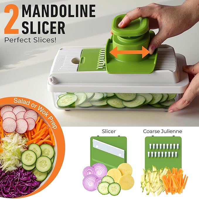 Mueller Vegetable Chopper, Mandoline Slicer, Food Veggie Chopper, Cheese Grater, Onion Vegetable Cutter with Container, Dicer, Kitchen Gadgets & Essentials, White Sand/Green