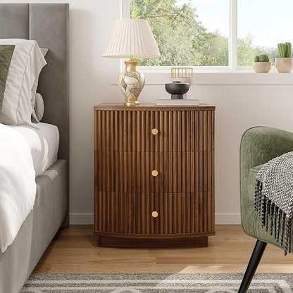 Dresser for Bedroom,3-Drawer Dresser, Mondern Wide Chest of Drawers with Fluted & Curved Design, Large Storage Chest for Bedroom, End Table for Living Rooms, （Walnut）