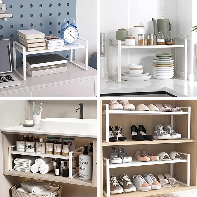 Expandable Cabinet Shelf Organizer, 2 Pack Stackable Metal Storage Rack, Adjustable Width & Height Countertop Spice Rack, Heavy Duty Pantry Cupboard Under Sink Organizer for Kitchen Office